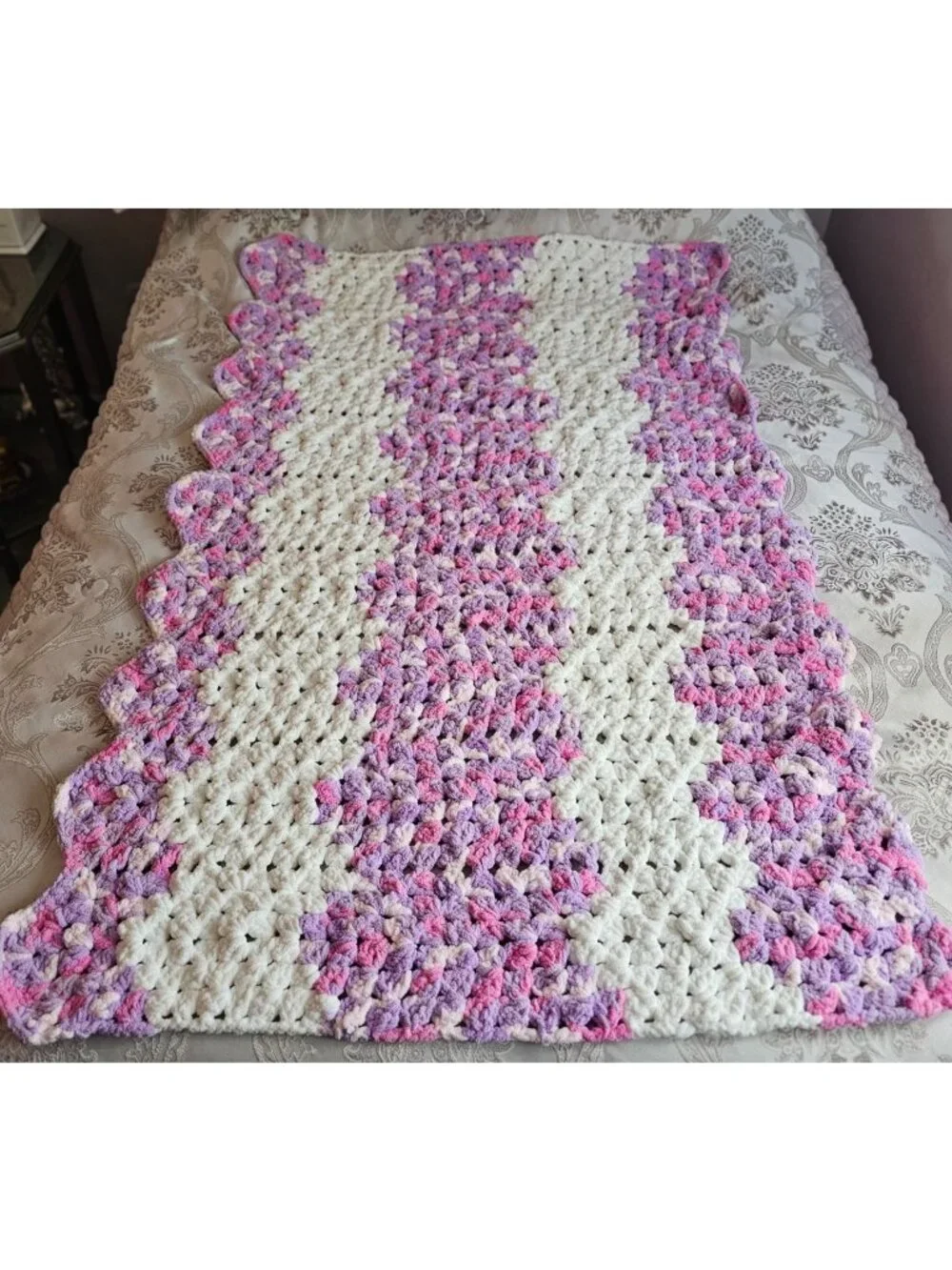 New Hand Crocheted Pink & Purple Lap Throw/Baby Blanket - Soft Chenille 36